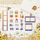A flat lay of film-themed sticker or clipart icons on a cream background with gold confetti, a torn white envelope, and a gold wax seal. The icons include film strips, a video camera, clapperboard, ticket, popcorn, megaphone, and other cinema symbols in orange and dark purple.