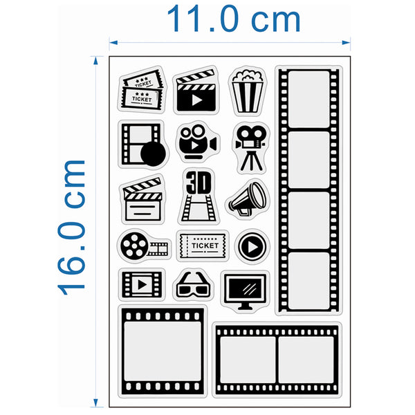 A sheet of black and white movie-themed stickers shown on a white background with blue dimension lines indicating 11.0 cm width and 16.