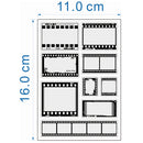 A sheet of black-and-white film-strip-shaped photo inserts with blue dimension labels showing 11.0 cm width and 16.