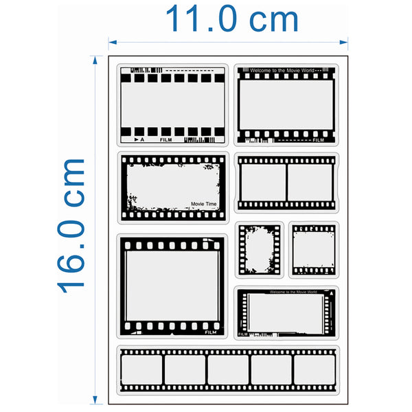 A sheet of black-and-white film-strip-shaped photo inserts with blue dimension labels showing 11.0 cm width and 16.