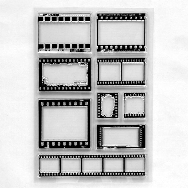 A set of clear plastic stamp blocks with black film border frames, arranged on a white background.