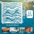 Wavy patterned stencil with measurements and application examples on a water-themed background
