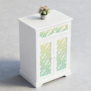 White cabinet with floral patterned doors on a gray background