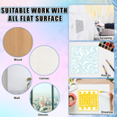 Collage showing the versatility of a product suitable for various surfaces including wood, canvas, wall, and glasses.