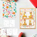 Greeting card with giraffe design and colorful polka dot patterns on a white surface.