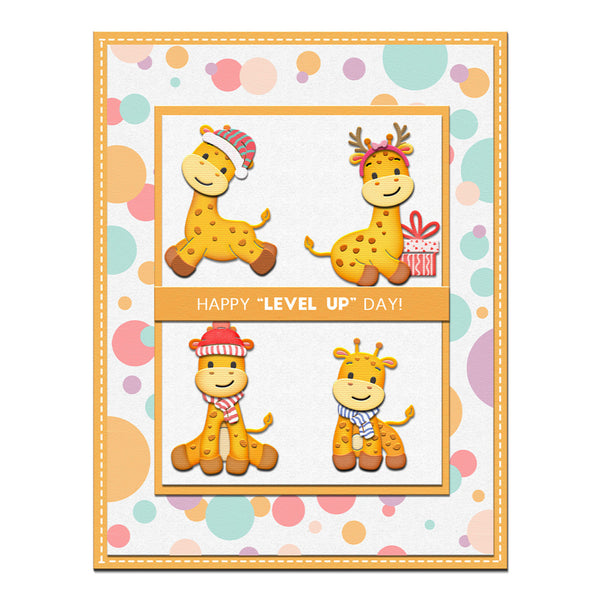 Greeting card with cartoon giraffes and colorful polka dots on a white background