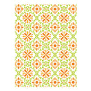 Patterned paper with orange and green floral design on a white background