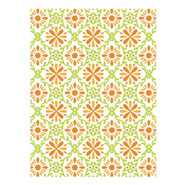 Patterned paper with orange and green floral design on a white background