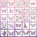 A grid of 24 square sample cards showing various butterfly and floral stencil designs in pink, purple, and black, arranged on a pink and purple patterned background.