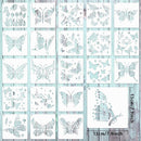 A set of 20 white square stencils featuring various butterfly and floral designs in light blue, arranged on a light blue wood-textured background. The image includes dimension markings showing the stencils are 15cm (7.