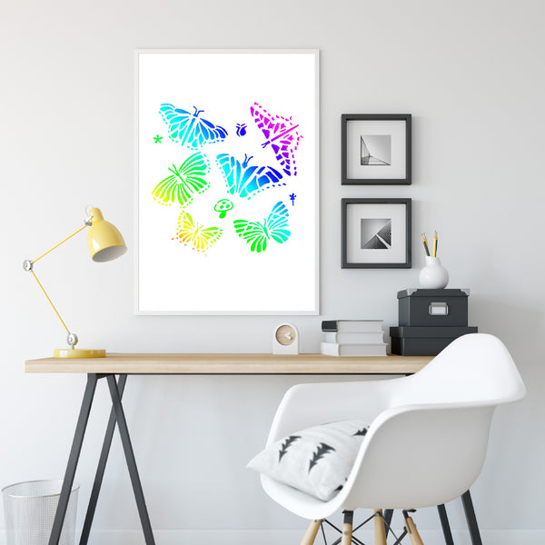 A framed wall art print featuring colorful butterfly illustrations in a bright room setting, displayed above a wooden desk with a yellow lamp and a white chair.