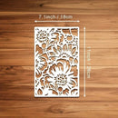 A white rectangular laser-cut decorative panel with an intricate floral pattern, shown on a brown wooden background with dimension overlays indicating 7.1 inches by 1.