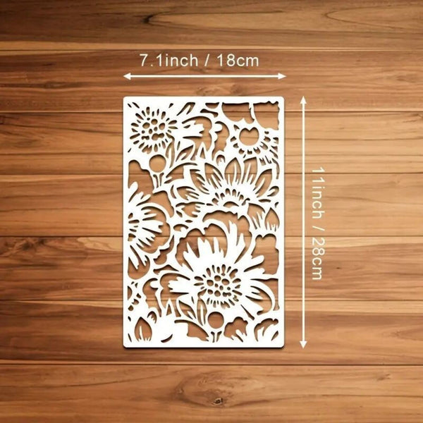 A white rectangular laser-cut decorative panel with an intricate floral pattern, shown on a brown wooden background with dimension overlays indicating 7.1 inches by 1.