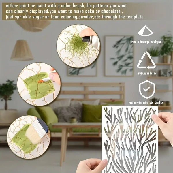 A reusable stenciled pattern sheet with a coral or branch-like cutout design is shown being held by hands in a living room setting, with three circular inset demonstration photos on the left and feature icons on the right reading 'no sharp edge,' 'reusable,' and 'non-toxic & safe.'.