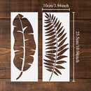 Two white stencil sheets with leaf cutouts displayed on a dark wood background, with measurement lines and text indicating dimensions of 10cm/3.94inch by 25.