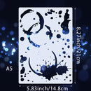 A5 size stencil with black ink splatter and brushstroke patterns, shown with dimension markings of 8.27 inches by 5.