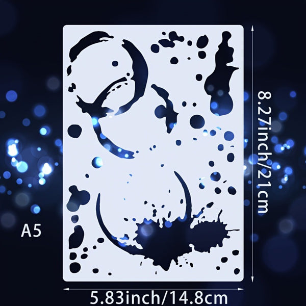 A5 size stencil with black ink splatter and brushstroke patterns, shown with dimension markings of 8.27 inches by 5.