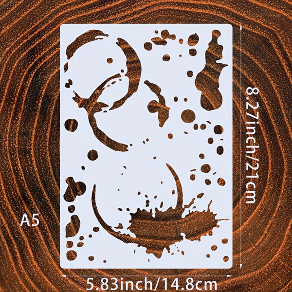 A5 size stencil with abstract splatter and brushstroke cutouts, shown on a wood grain background with dimensions labeled 5.83 inch / 14.