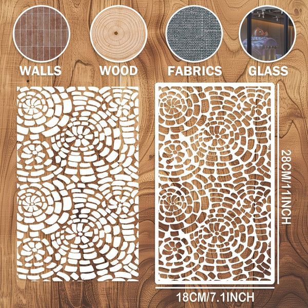 A white laser cut stencil sheet with a detailed circular wood grain pattern, displayed on a wood background alongside circular insets showing its use on walls, wood, fabrics, and glass. The stencil is labeled with dimensions of 280mm (11 inches) by 180mm (7.