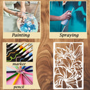 A collage on a wood-grain background showing painting, spray painting, marker pens, pencils, and a white floral stencil sheet. Text labels read Painting, Spraying, marker, and pencil.