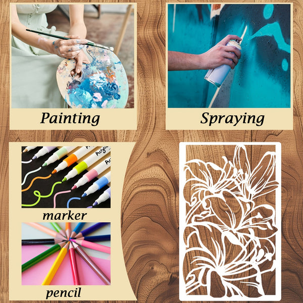 A collage on a wood-grain background showing painting, spray painting, marker pens, pencils, and a white floral stencil sheet. Text labels read Painting, Spraying, marker, and pencil.