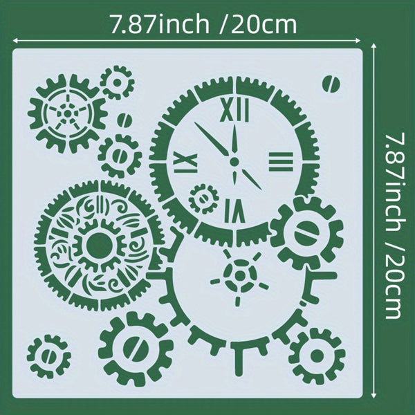 A square stencil with a steampunk gear design, shown on a dark green background with dimension labels indicating 7.87 inches / 20 cm on each side.