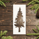 Wooden Christmas tree decoration on a wooden background with pine branches and cones.