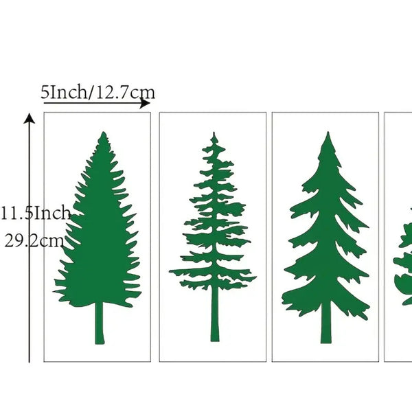 Green pine tree wall decals shown in a row with dimension labels indicating 5 inch width and 11.5 inch height.