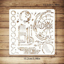 A square white stencil with laser-cut geometric and circular patterns, displayed flat on a brown wooden plank background with size annotations of 15.2cm/5.