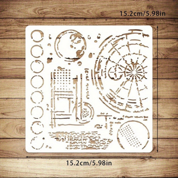 A square white stencil with laser-cut geometric and circular patterns, displayed flat on a brown wooden plank background with size annotations of 15.2cm/5.