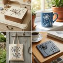A four-panel collage showing dandelion-themed home decor products: a wooden box with a laser-cut dandelion design, a blue ceramic mug with a white dandelion print, a canvas tote bag with a dark navy dandelion print hanging outdoors, and a dark slate coaster with a black dandelion silhouette on a wooden table.