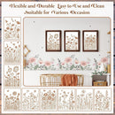 A decorative floral wall decal set shown in a styled room scene, with multiple rectangular panels featuring botanical illustrations in tan on a white background. The panels are displayed on a wall above a rattan chair and side table, with additional flat views of the decal designs along the left and bottom edges.