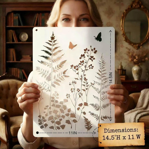 Person holding a decorative stencil with floral and butterfly design in a home setting.