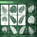 Product size chart showing twelve different palm and fern leaf stencil designs with dimensions labeled in centimeters and inches on a dark green wood-textured background.