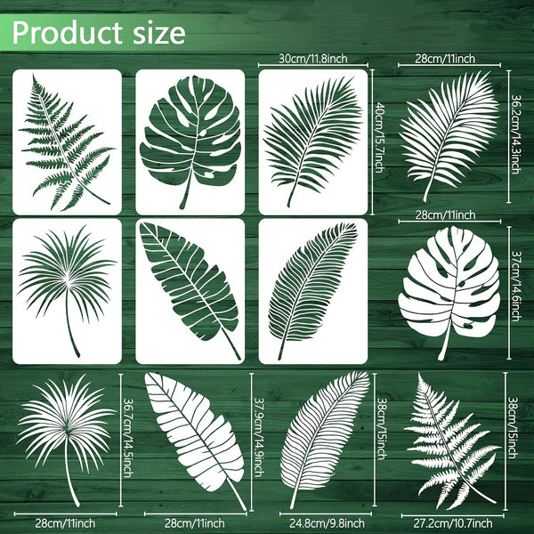 Product size chart showing twelve different palm and fern leaf stencil designs with dimensions labeled in centimeters and inches on a dark green wood-textured background.