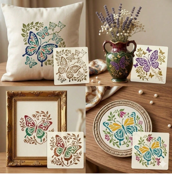 A collage showing butterfly and floral stencil or decal designs applied to home decor items: a cream pillow, a framed print, a ceramic vase, and a decorative plate, all arranged on a warm neutral tabletop with a vase of lavender in the background.