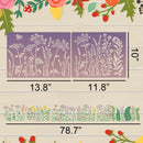 A product listing graphic showing a floral stencil or transfer sheet set with dimensions. The top panel shows two square stencil designs with white wildflower silhouettes on a purple-to-pink gradient background, labeled 13.