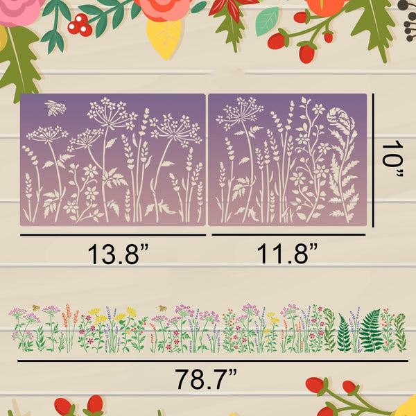 A product listing graphic showing a floral stencil or transfer sheet set with dimensions. The top panel shows two square stencil designs with white wildflower silhouettes on a purple-to-pink gradient background, labeled 13.