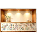 A wooden credenza or sideboard cabinet with five cream-colored floral cabinet doors and a matching wood top shelf. The cabinet is decorated with colorful hand-painted wildflower patterns on the doors.