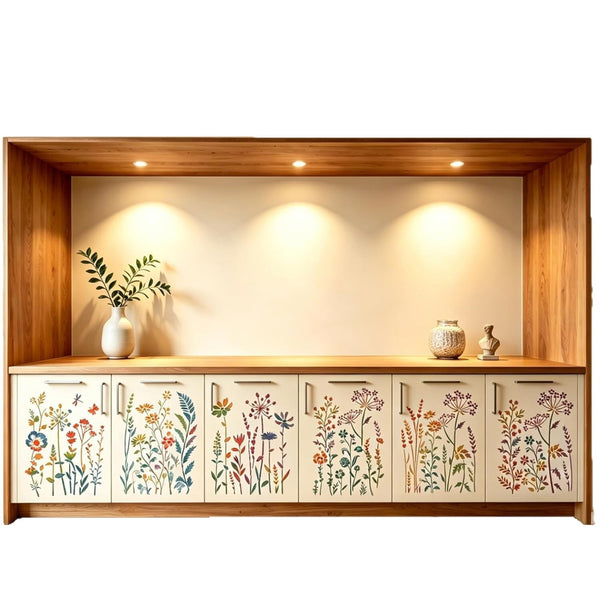 A wooden credenza or sideboard cabinet with five cream-colored floral cabinet doors and a matching wood top shelf. The cabinet is decorated with colorful hand-painted wildflower patterns on the doors.