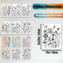 Product dimensions chart showing floral stencil sheets with black and multicolor wildflower designs, alongside a large sample stencil panel labeled 11 in / 28 cm by 14.57 in / 37 cm.