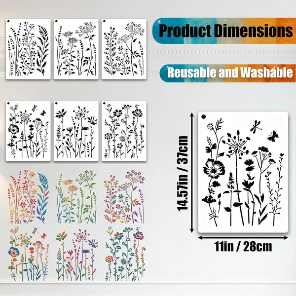 Product dimensions chart showing floral stencil sheets with black and multicolor wildflower designs, alongside a large sample stencil panel labeled 11 in / 28 cm by 14.57 in / 37 cm.