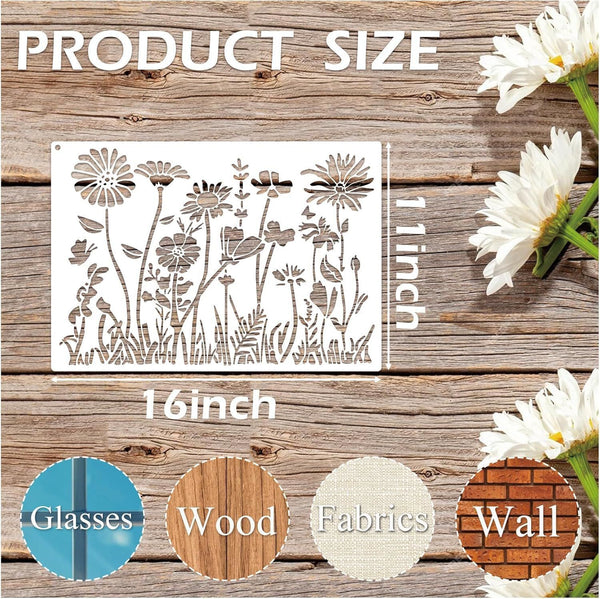 Floral design stencil with size label on a wooden surface, surrounded by flowers.