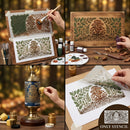 Four-panel collage showing a decorative stencil with a tree and fern design, demonstrated in use on wood panels, a lamp, and paper. Hands are visible applying the stencil and painting around it, with paint bottles, brushes, and autumn-themed props in a warm blurred outdoor background.