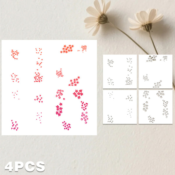 Four sheets of decorative nail stamping templates featuring red and silver floral and dot patterns, displayed on a textured light beige background with dried flowers.