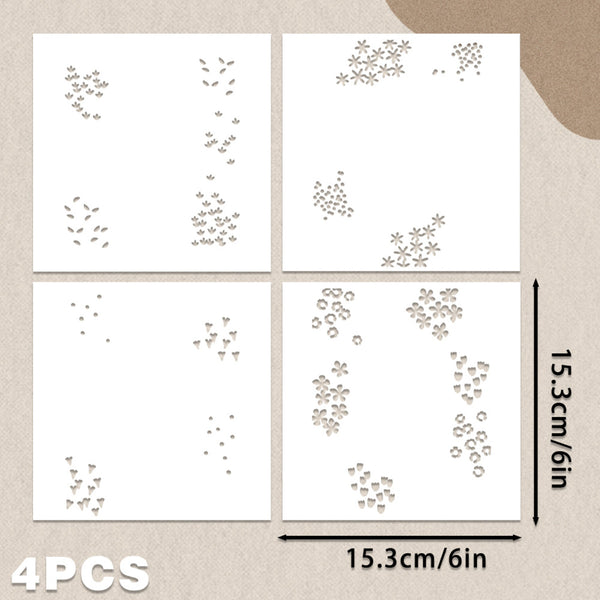 Four white square craft sheets with small metallic silver floral and leaf cutout designs, shown on a beige background with dimension labels of 15.3cm/6in and a '4PCS' text overlay.