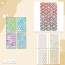 Four rectangular laser-cut wooden panels with intricate geometric and floral patterns, shown in multiple color options including green, teal, purple, and brown, alongside a larger preview of a red and black patterned panel on a beige background.