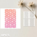 Four rectangular stencil or template sheets displayed on a light textured background, with two larger sheets showing red-to-pink geometric leaf patterns and two smaller gray patterned sheets. Two dried flowers are placed above, and the text '4PCS' appears at the bottom left.
