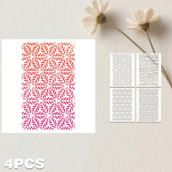 Four rectangular stencil or template sheets displayed on a light textured background, with two larger sheets showing red-to-pink geometric leaf patterns and two smaller gray patterned sheets. Two dried flowers are placed above, and the text '4PCS' appears at the bottom left.
