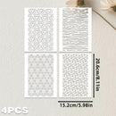 Four rectangular stencil sheets with different laser-cut patterns, displayed on a light textured background with dimension markings of 15.2cm by 20.